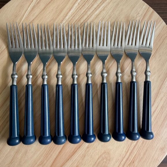 Set Of 10 Oxford Hall Stainless Steel Dinner Forks Blue Handles 7-3/4" Vintage R - Picture 1 of 10